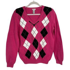 Izod Golf Vintage Argyle Sweater Pink 100% Cotton Long Sleeve Sporty Women Large